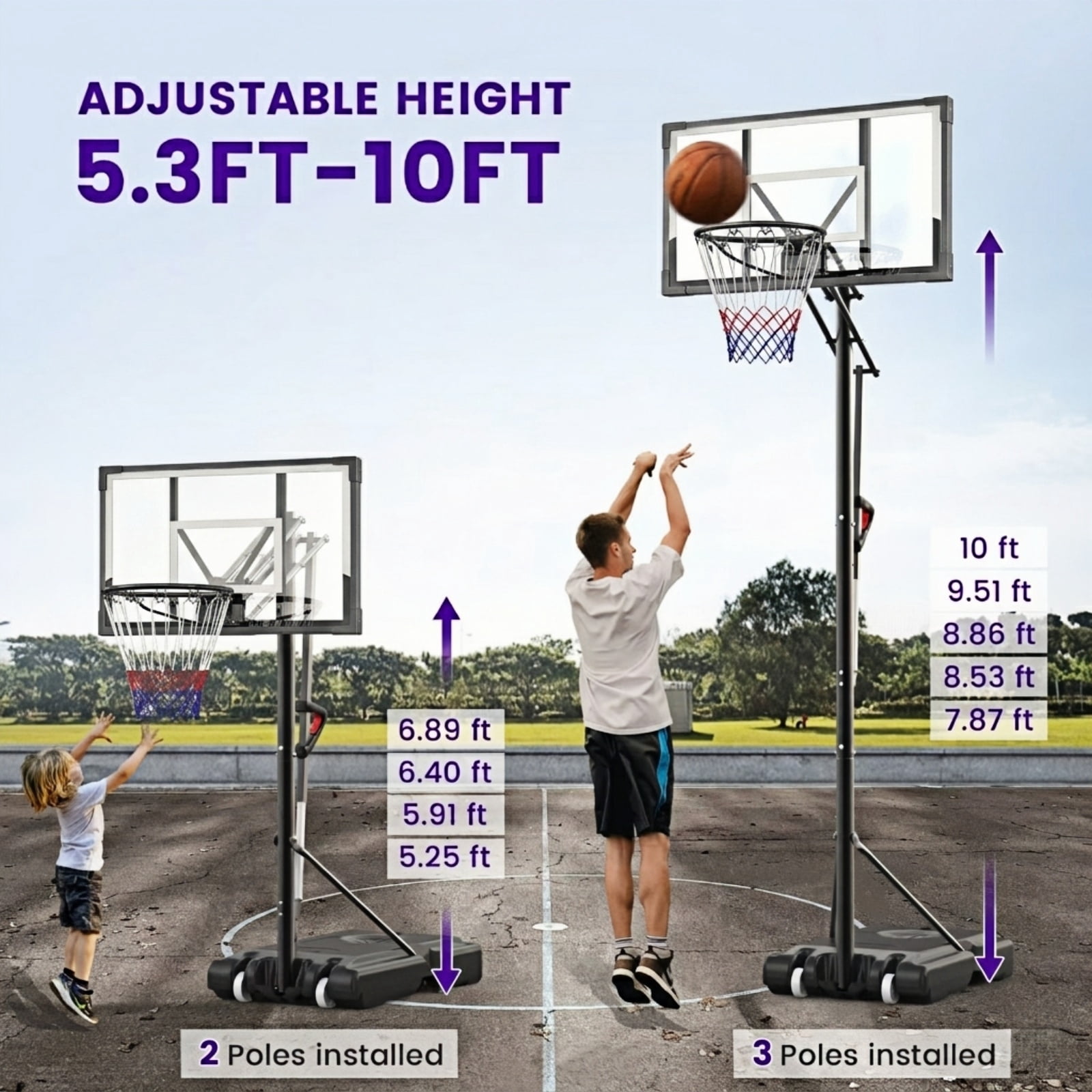 Bexfil 44inch Portable Adjustable Basketball Hoop with Weight Bag and Wheels, Outdoor Stand System for Kids & Adults, Height Adjustment from 5.3ft to 10ft