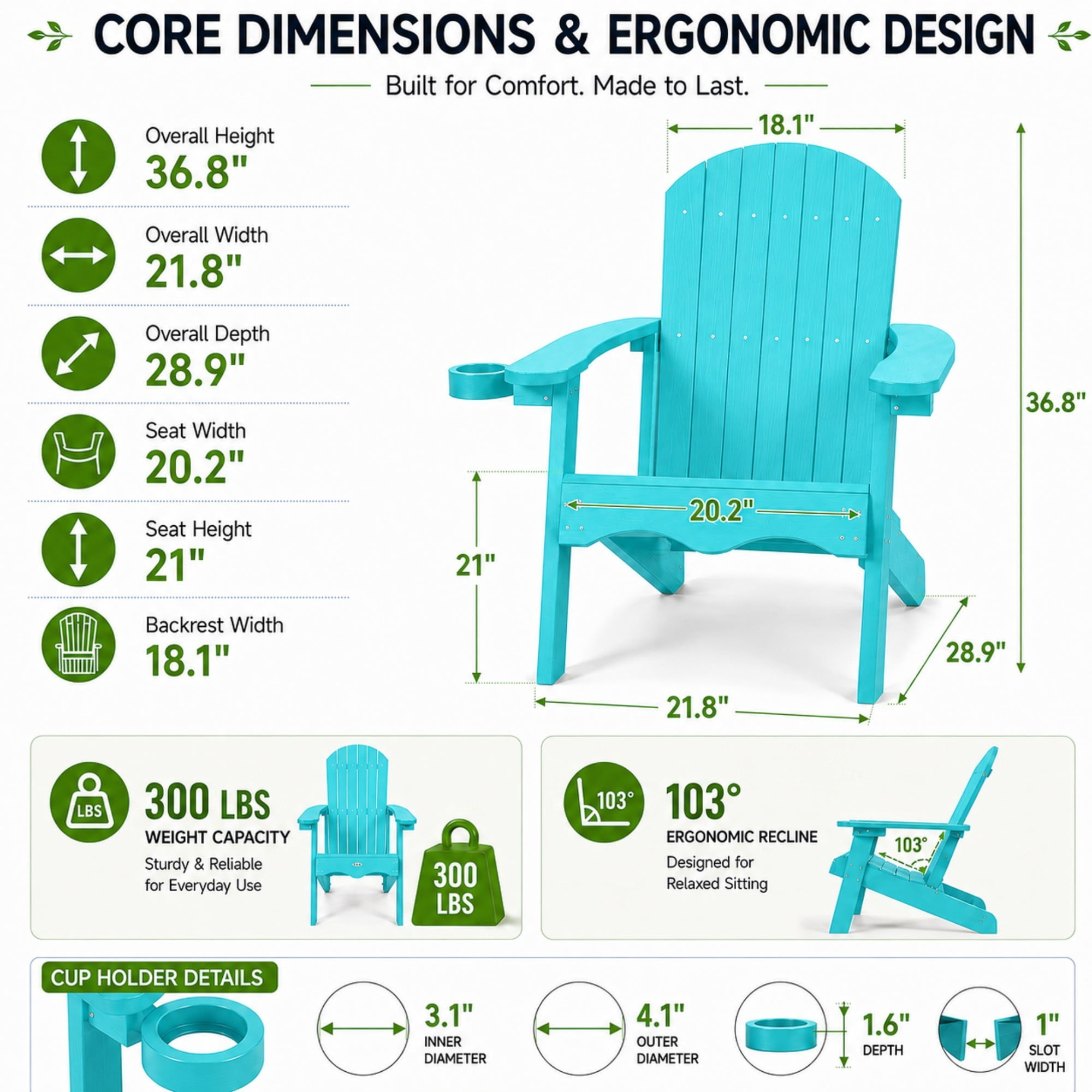 Y&M Adirondack Chair, HDPE Weather Resistant Outdoor Chair with Cup Holder, Aruba Blue