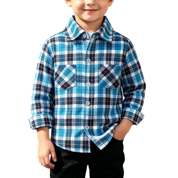 Atogsazn Toddler Baby Boys Plaid Shirt Kids Casual Button Down Long Sleeve Shirts with Pocket Loose Fit Tops Blue 6-12 Months Fashion