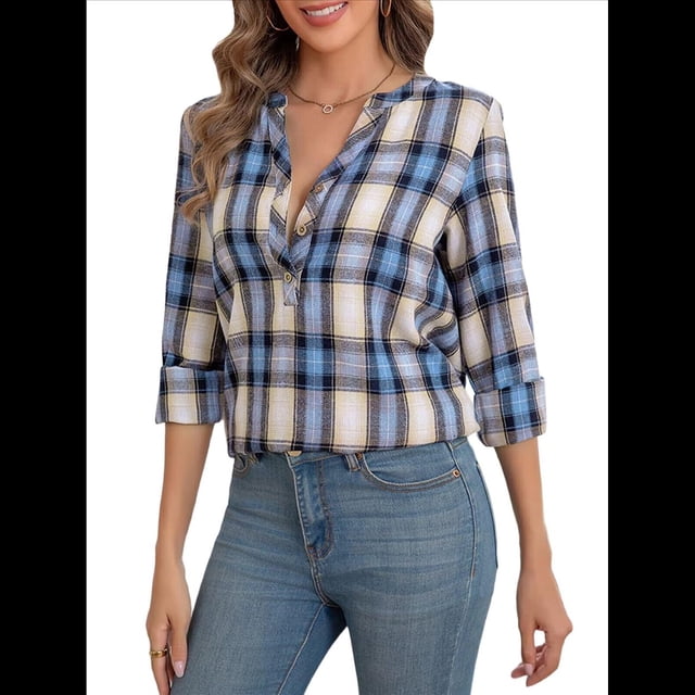 Camisas A Cuadros con Cuello en V para Mujer, Elegantes, Informales, con Botones, Estilo Bohemio, para el Trabajo, de Larga, para Otoño. Azul L