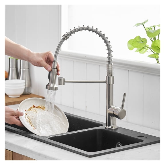 Kitchen Faucet with Pull Down Sprayer, Single Handle - 360° Rotation Stainless Steel Sink Faucet for Home, Farmhouse, Restaurant Use - Brushed Finish Brushed Nickel