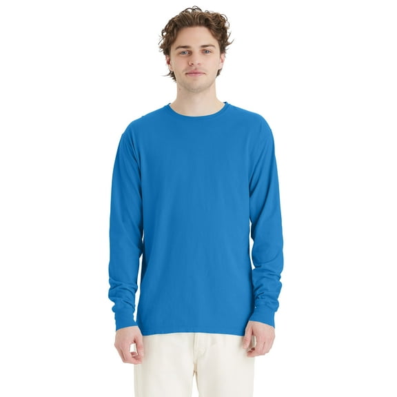 Hanes Unisex Garment Dyed Long Sleeve Cotton T-Shirt Summer Sky Blue XL