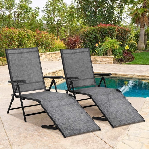 NiamVelo Outdoor Lounge Chair Set of 2 Beach Patio Lounger Fold Lounge Chair with Adjustable Backrest & Foldable Footrest, Gray
