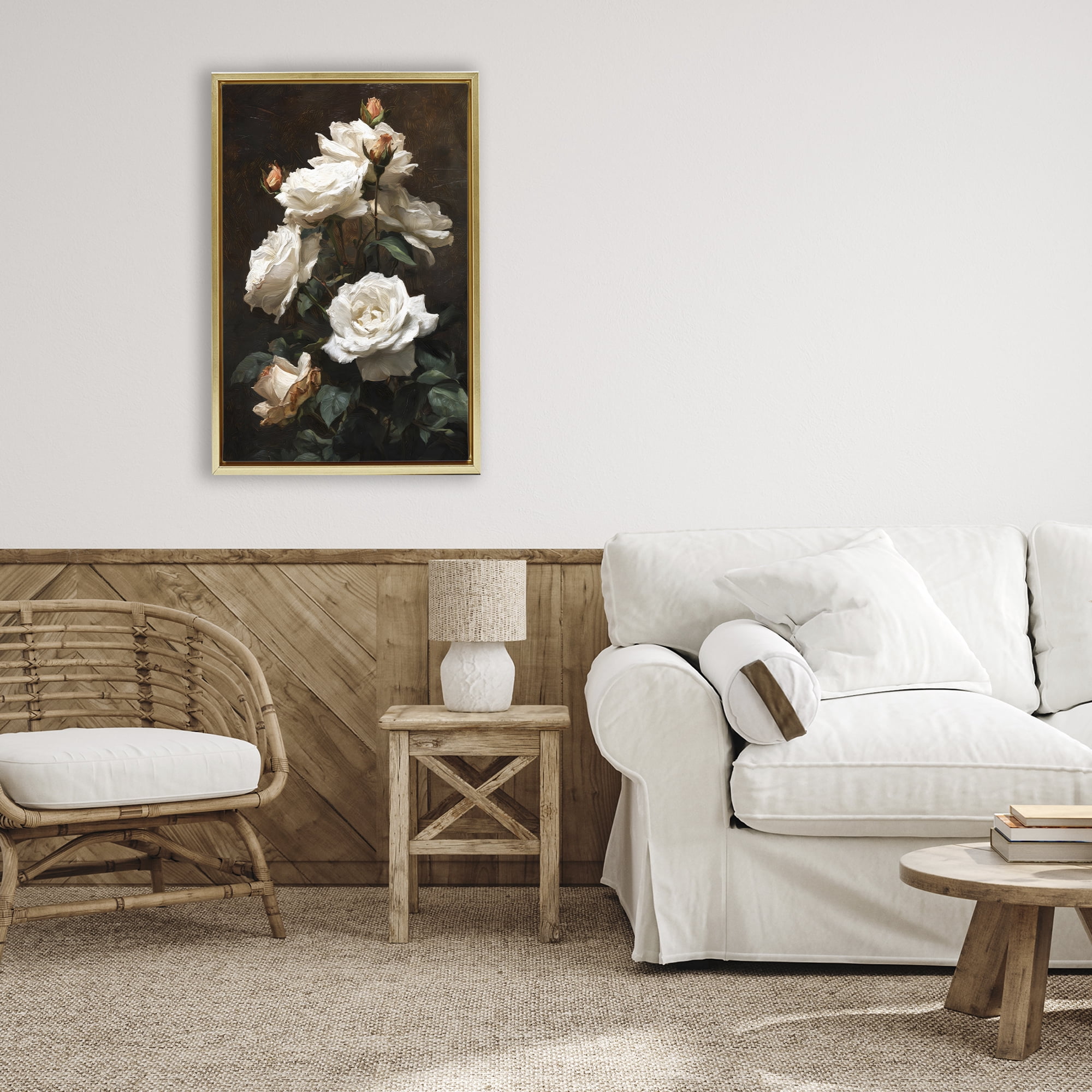 Stupell Industries Tower of White Roses Gold Framed Floater Canvas Wall Art, design by Petal Prints Design