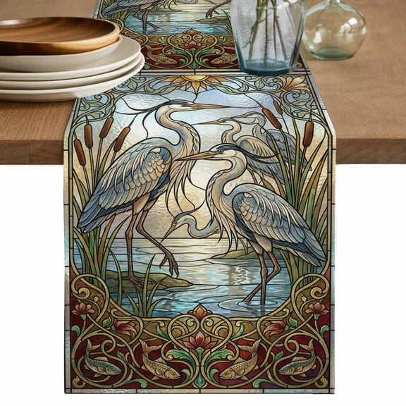 Vintage Cranes Table Runner, Country Retro Chic Glass Flower Textured Washable Cotton Linen Table Runners 90 Inches Long, Dresser Scarf Runner for Dining/Coffee/Kitchen/Hallway Tables 13''x90''