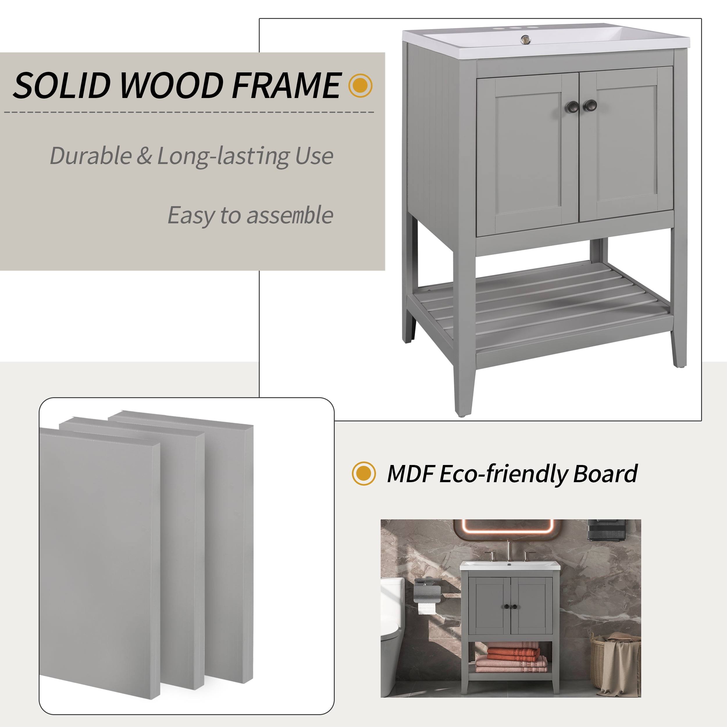 24'' Modern Bathroom Vanity with Ceramic Sink, Solid Wood Frame, Two-Door Cabinet & Open Bottom Shelf