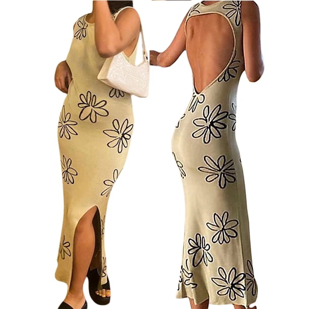 Vestido ajustado de punto con estampado Txlixc para mujer Y2K verde ahuecado Midi vestidos sin mangas 2021 vestido de playa de verano Txlixc Estilo de ocio