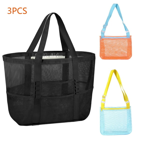Freaki Mesh Beach Bag, Lightweight Large Beach Tote Bag Shell Bag with 9 Pockets, Mesh Tote Bag Kids Beach Bag for Family Beach Bag for Toys & Vacation Essential