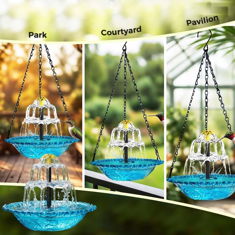 Solar Cascade Hanging Bird Bath Fountain, Upgraded Hanging Bird Bath with Flowing Water, Solar Powered Bird Bath Fountain Decorative Garden Yard Patio for Outdoor (Grey)
