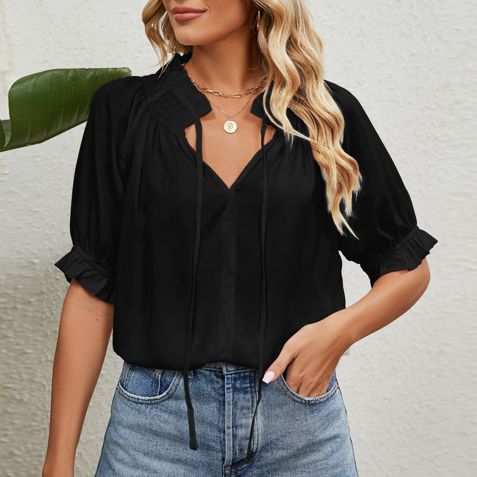 YYDGH Womens Long Sleeve Button Down Shirts V Neck Cotton Linen Blouses  Roll Up Casual Work Plain Solid Color Tops Black M 