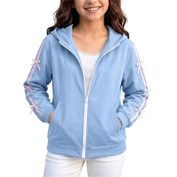 FAVIPT Girls Zipper Hoodies Side Ribbon Bow Long Sleeve Hooded Sweatshirt with Kangaroo Pocket Casual Cute Loose Hoodie Jacket Blue,10-11Years