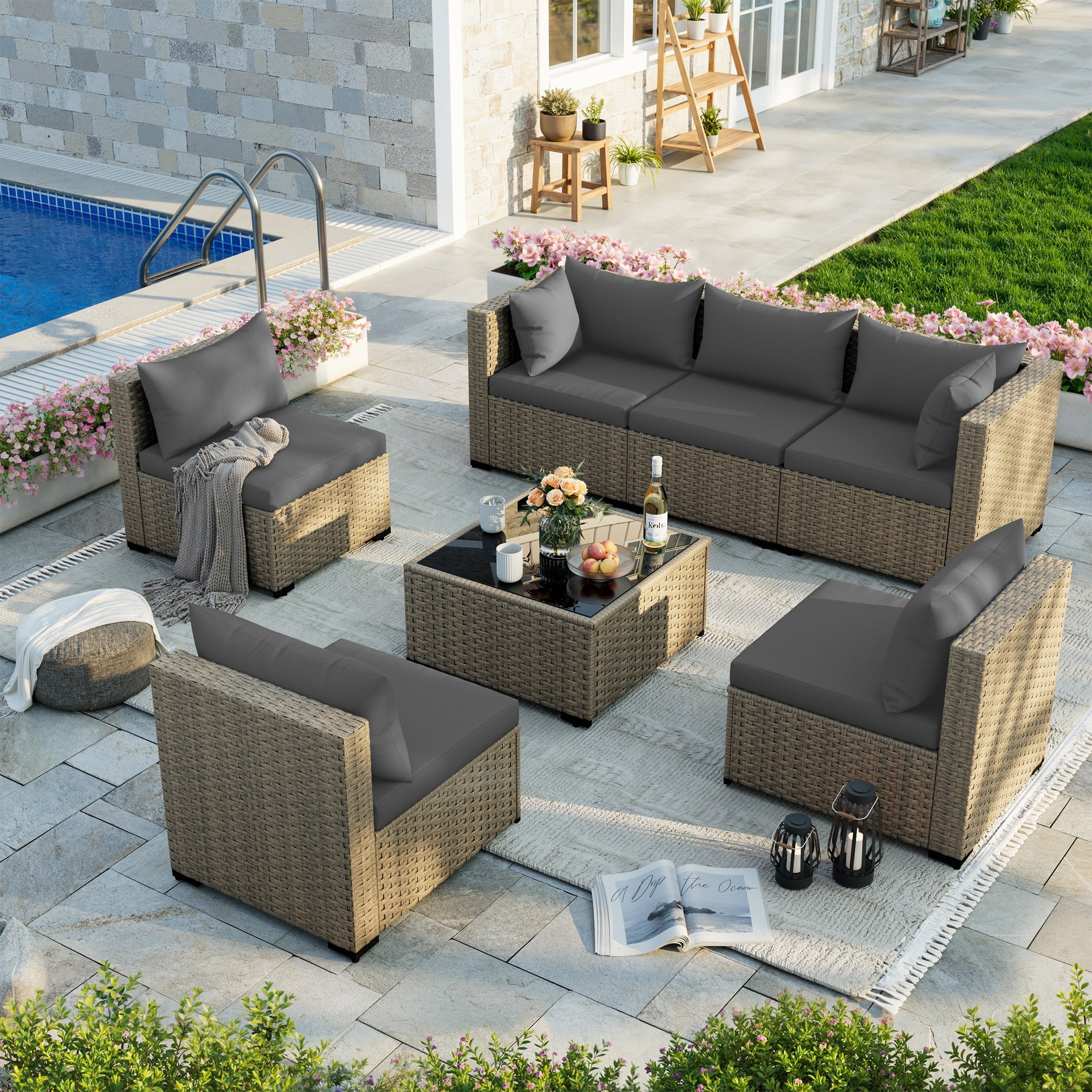 POTEBAN Patio Furniture Set, 7-Piece Outdoor Sectional All-Weather Wicker Patio Conversation Set for Backyard (Gray Cushions with Gray Rattan)