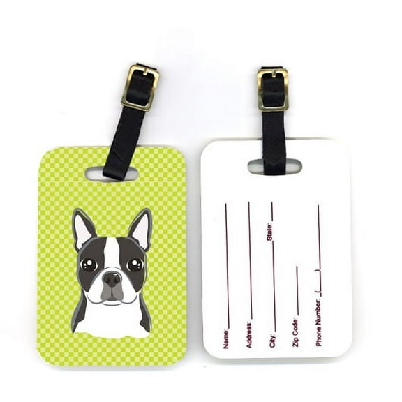 Pair of Lime Checkered Boston Terrier Luggage Tags BB1139BT