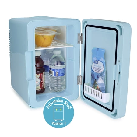 IONCHILL PERSONAL 6 CAN CHILLER LED LIGHTED MINI FRIDGE WITH MIRROR DOOR, BLUE