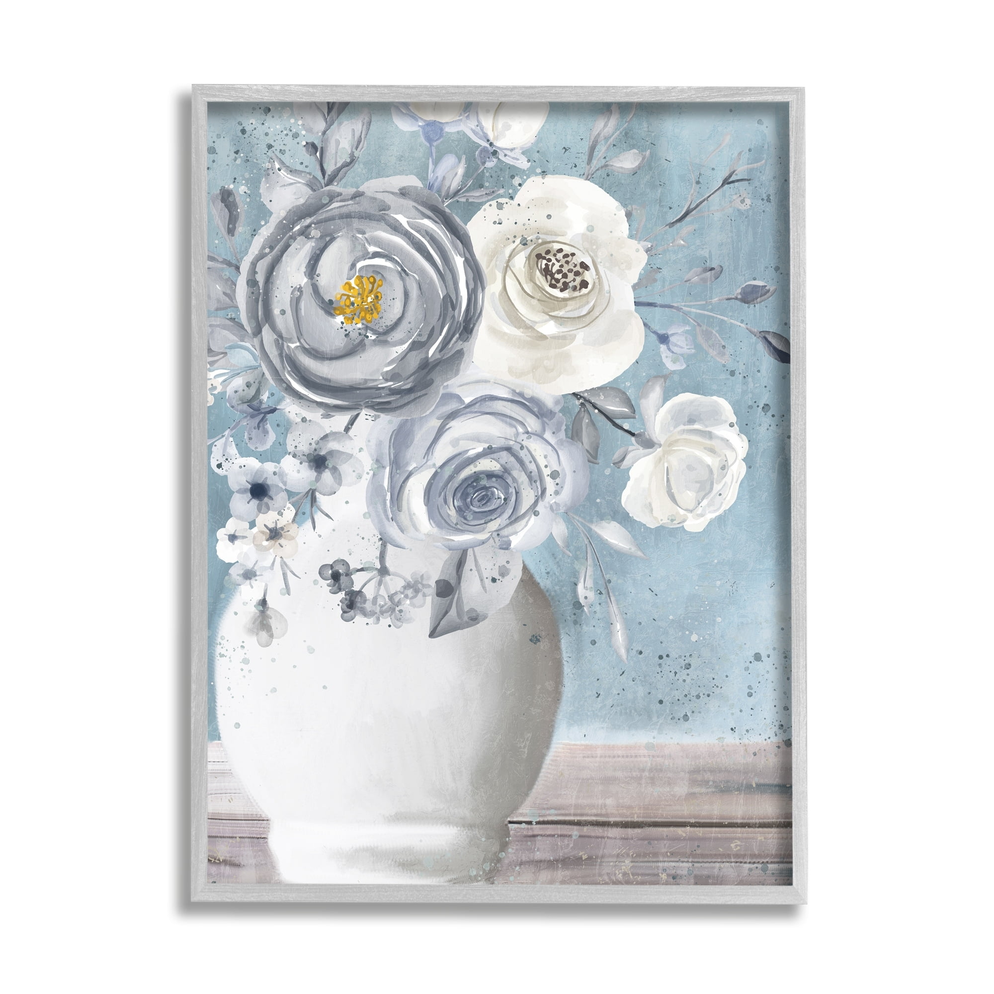 Stupell Industries Round Flower Blossom Bouquet Blue Paint Speckles Painting Gray Framed Art Print Wall Art, Design by Kim Allen