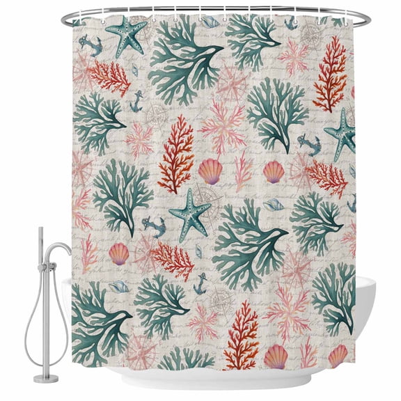 Coral Shell Shower Curtain, 48" x 72", Watercolor Pink Green Red Coral Starfish Anchor Linen Texture Waterproof Bathroom Curtain Washable Shower Curtain Set with 12 Hooks
