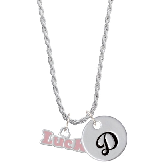 Delight Jewelry Pink ''Luck'' with Heart Silvertone Script Initial Disc - D - Charm Necklace, 20"+3"