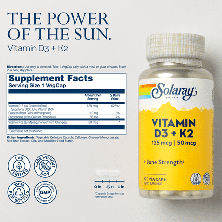 ソラレー ビタミンD3＋K2 ベジタブルカプセル 120粒 1粒あたり125mcg(D3)/50mcg(K2) Solaray Vitamin D-3 &amp; K-2 Veg Cap