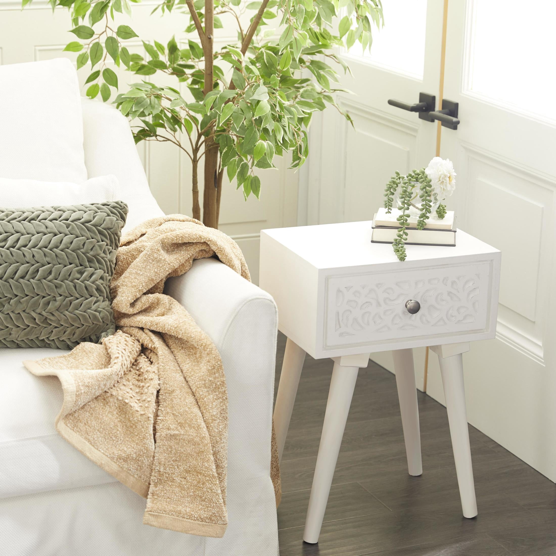 DecMode 16" x 24" White Mango Wood Intricately Carved Single Drawer Scroll Accent Table, 1-Piece