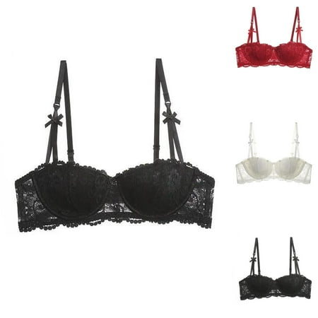 Sentmoon Bras for Women Comfortable Bras for Women Bowknot Push Up Adjustable Strap Stretchy Underwear Side Support Solid Color Lace Bra Comfy for Travel Wine 36