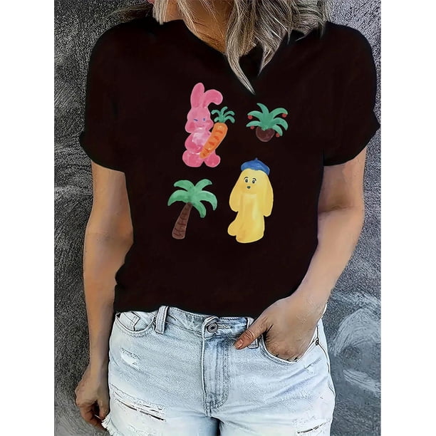 Women'S Fashion Casual Crew Neck Short Sleeve Polyester T-Shirt, Creative Plush Animal Print, Simple Sports, Medium Stretch Knit Fabric, 180g/m², for Holiday Summer Comfort