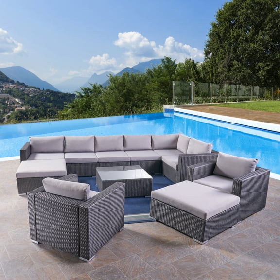 GDF Studio Alonzo Outdoor 8 Seater Wicker Sectional Sofa Set, Grey and Silver