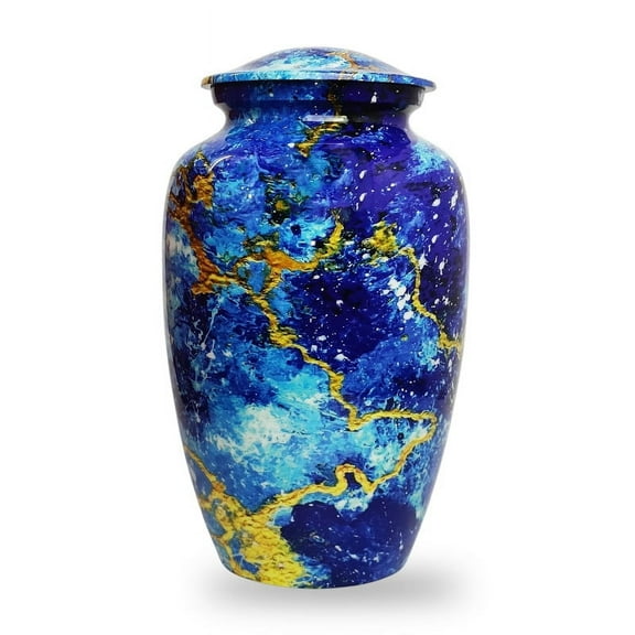 AMPLE CREMATION URNS | Blue Cremation Urn with Elegant Gold Lines | Aluminum Memorial Urn for Ashes | Secure Airtight Lid | Timeless and Dignified Tribute | 200 lbs. | 7 x 7 x 11 inches | Blue