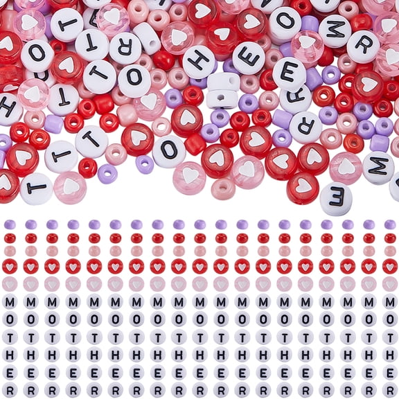 1400Pcs Mother's Day Holiday Beads Kit 4mm Glass Seed Bead Bracelet Making Kit Red Pink Purple White Beads with Letters DIY