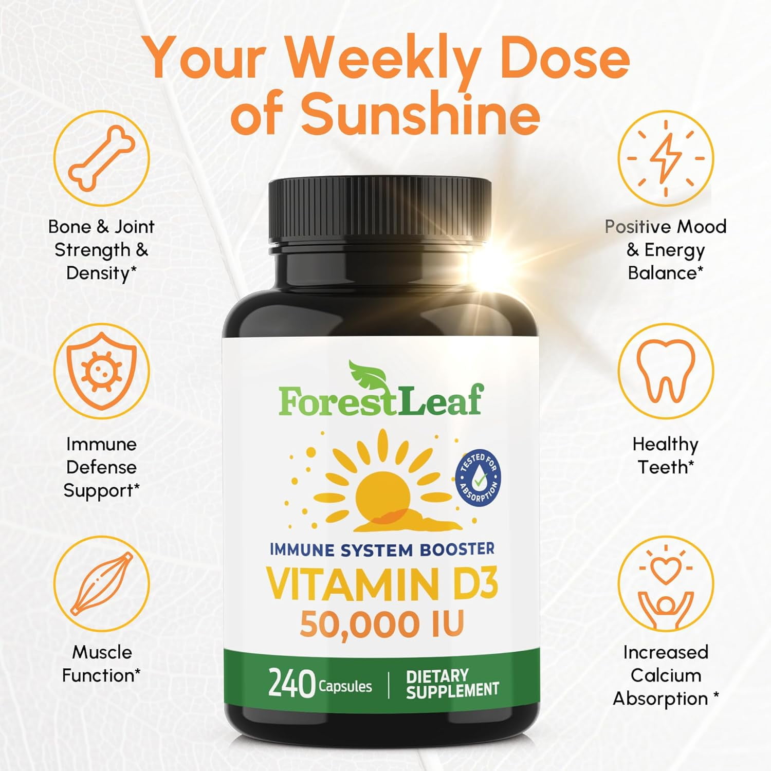 Forest Leaf Vitamin D3 50000 IU Bone Health & Immune Support Supplement, 240 Capsules