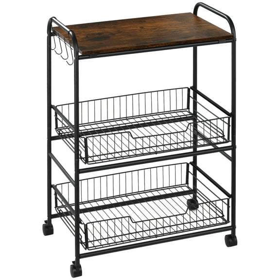 KWUXIN 3 Tier Rolling Kitchen Cart with Storage, Kitchen Island Cart on Wheels with 2 Sliding Fruit Basket, Microwave Cart with Side Hooks for Dining Room,Rustic Brown