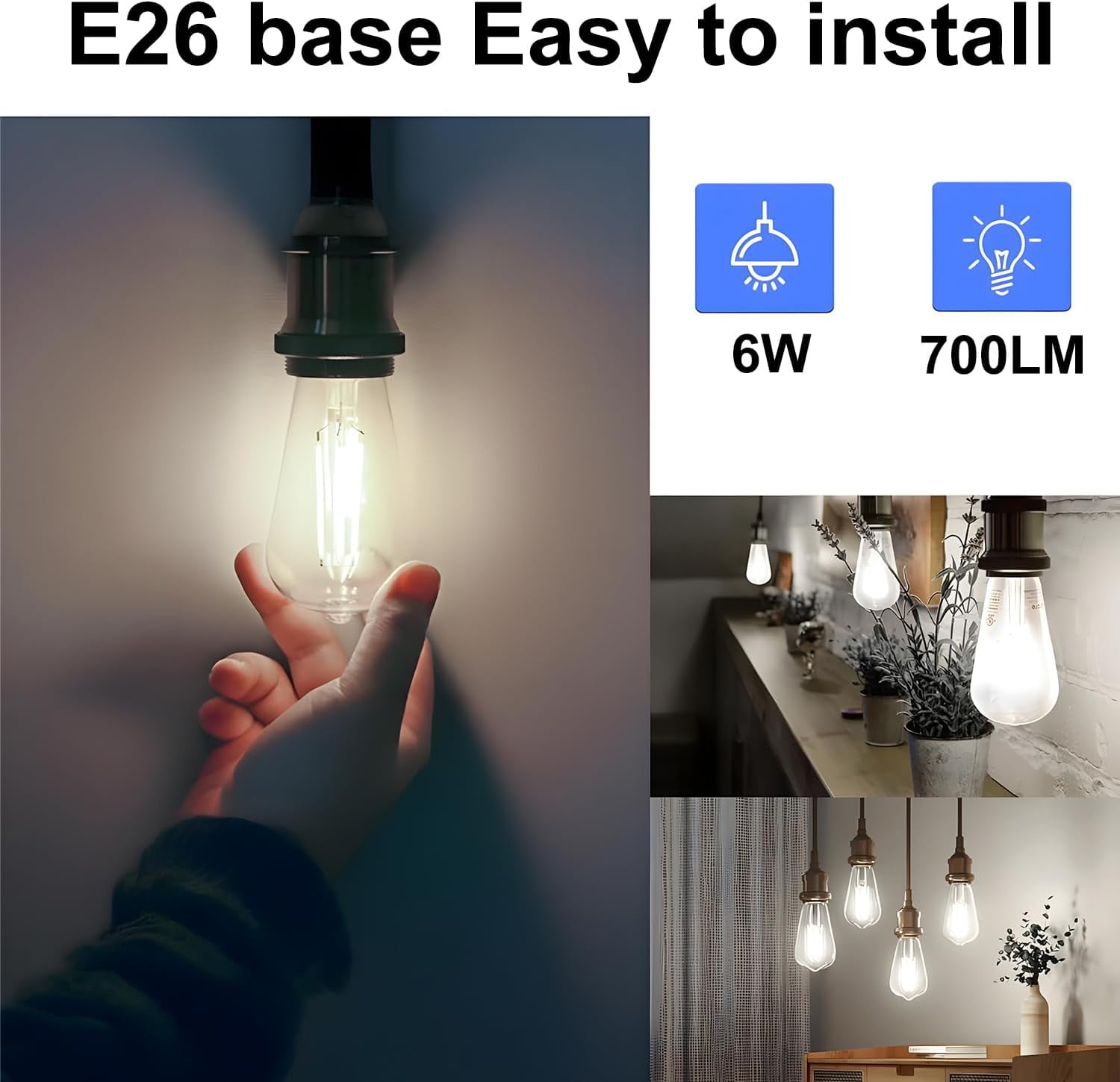 Sinvic 12Pcs ST19 LED Vintage Edison Bulb, Dimmable, 6w(60w equivalent),E26 Base, 4000K Daylight White, Antique Filament Bulb for Pendant, Chandelier, Decorative Light