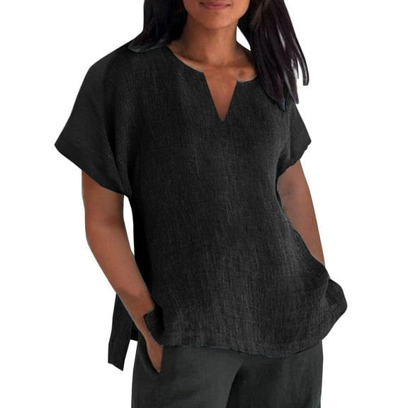 Giftesty Blouses for Women Dressy Casual Womens Solid Color V-neck Loose Blouse Short Sleeve Casual Work Shirt Tunic Tops