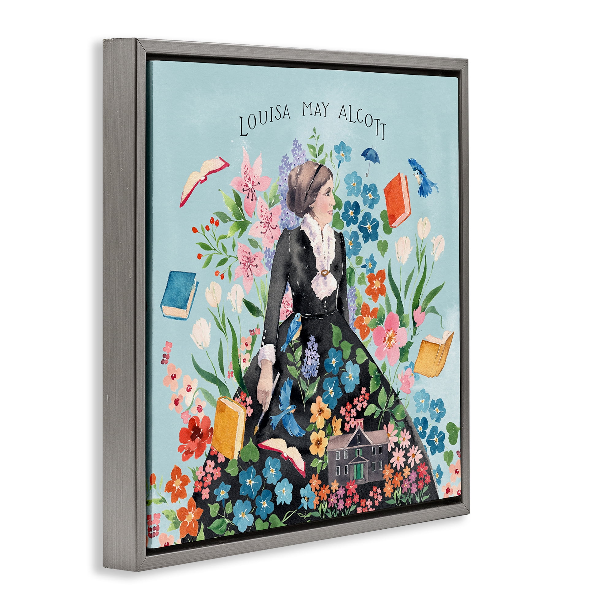 Stupell Industries Louisa May Alcott Portrait History & Language Painting Gray Floater Framed Canvas Art Print Wall Art, 18 x 18