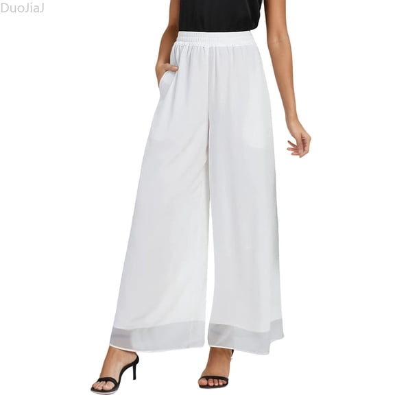 DuoJiaJ Women's Flowy Chiffon Wide Leg Pants High Stretchy Waist Comfortable Casual Trousers For Spring Summer Fall Women's Lounge Pants White L