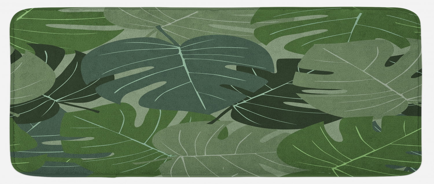 Forest Green Kitchen Mat, Camouflage Pattern of Palm Leaves Tropical Nature Themed Foliage