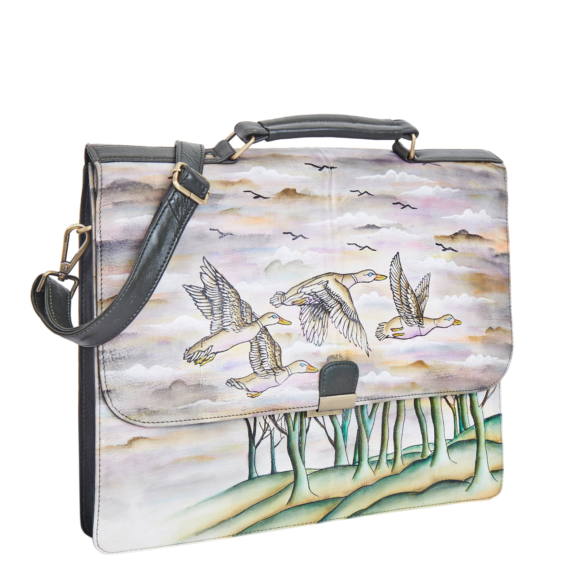 Sishka Womens Hand Painted Leather Briefcase Sling Bag – Artistic Birds Design Shoulder Bag for Work, Travel & Daily Use