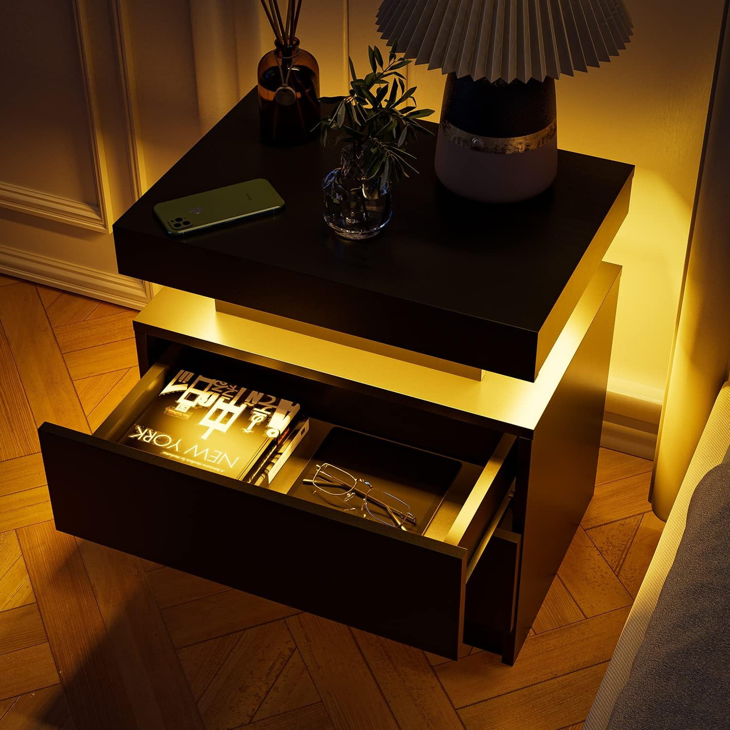 Leumius 2 Drawer Modern Nightstand with LED Light Small Bedside Tables End Side for Bedroom,Black