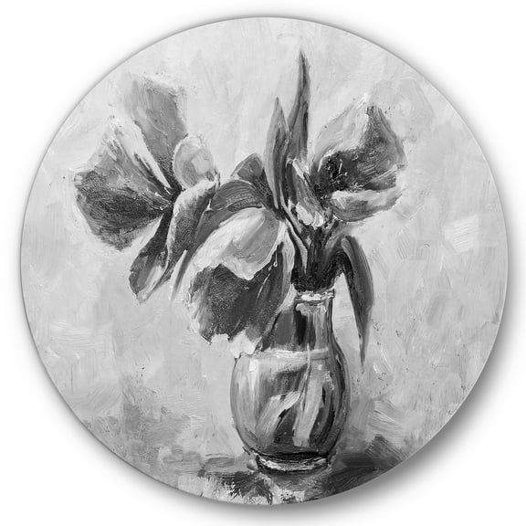Designart 'Black and White Still Life Of Flowers In A Vase' Traditional Circle Metal Wall Art 36x36 - Disc of 36