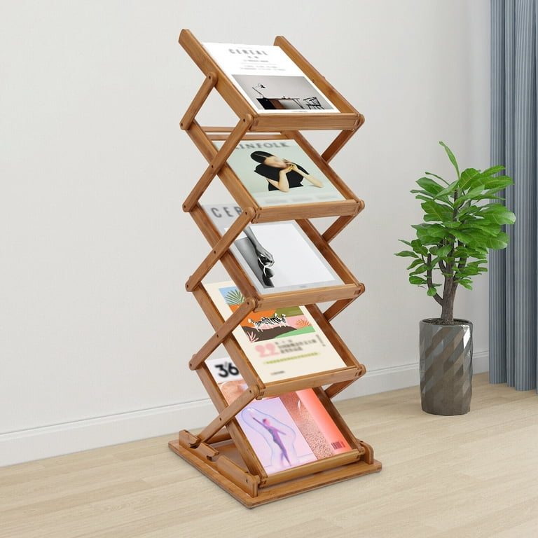 Portable File Shelf Foldable Pop-up Magazine Rack Book Stands Natural Bamboo  5 Layers Foldable File Shelf Heavy Duty Pop-up Magazine Rack Bamboo Book  Stand 