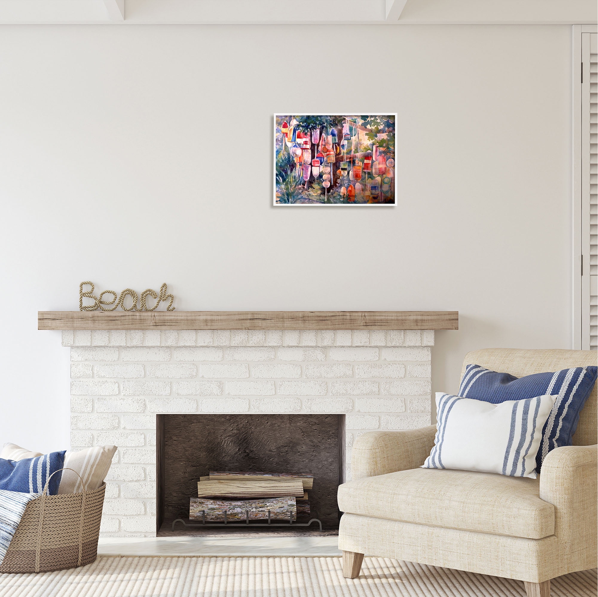 Stupell Industries Maritime Buoys on Tree Nature Painting White Framed Art Print Wall Art, 20 x 16