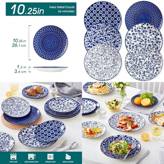 Ceramic Dinner Plates Set of 6 Large Vintage Plates 10.25 Inch Set of 6 for Kitchen Porcelain Blue and White Plates for Kitchen Microwave Oven Dishwasher Safe Vintage Gift Blue