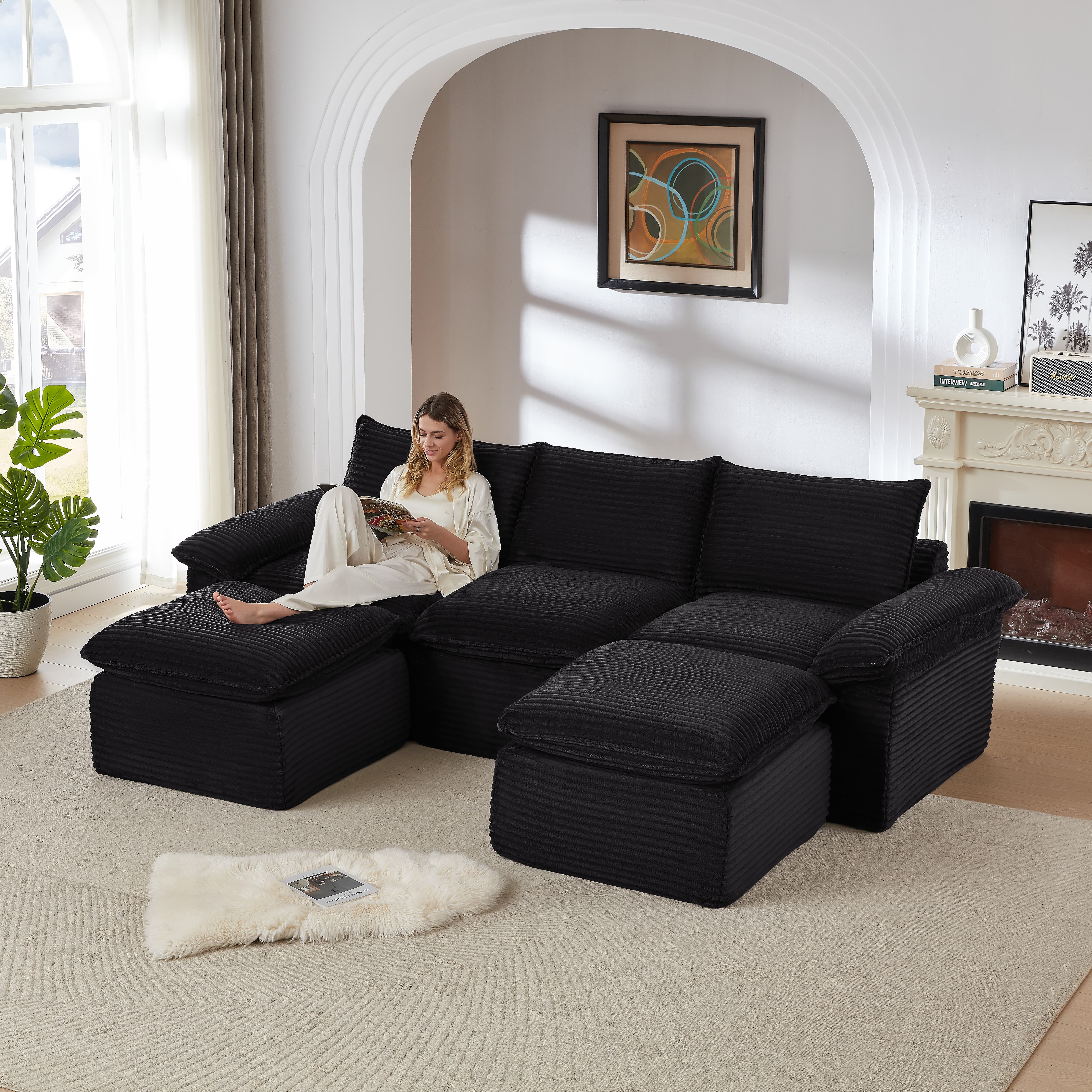 MAYEERTY Modern Modular Corduroy Sofa, Black Cloud-Soft Sectional Couch for Apartment