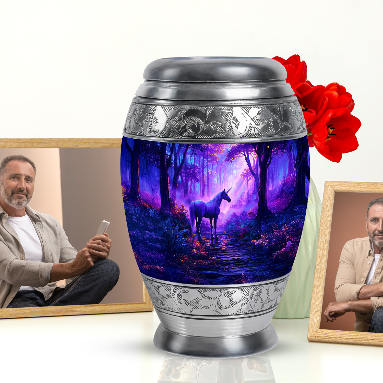 JAGASY Unicorn Handcrafted Large Urn for Girls, Blue Urns for Human Ashes for Women & Men, Sunset Forest Trees Decorative Urns for Friends, Funeral Memorial Cremation Urn for Boys, (10 Inch)