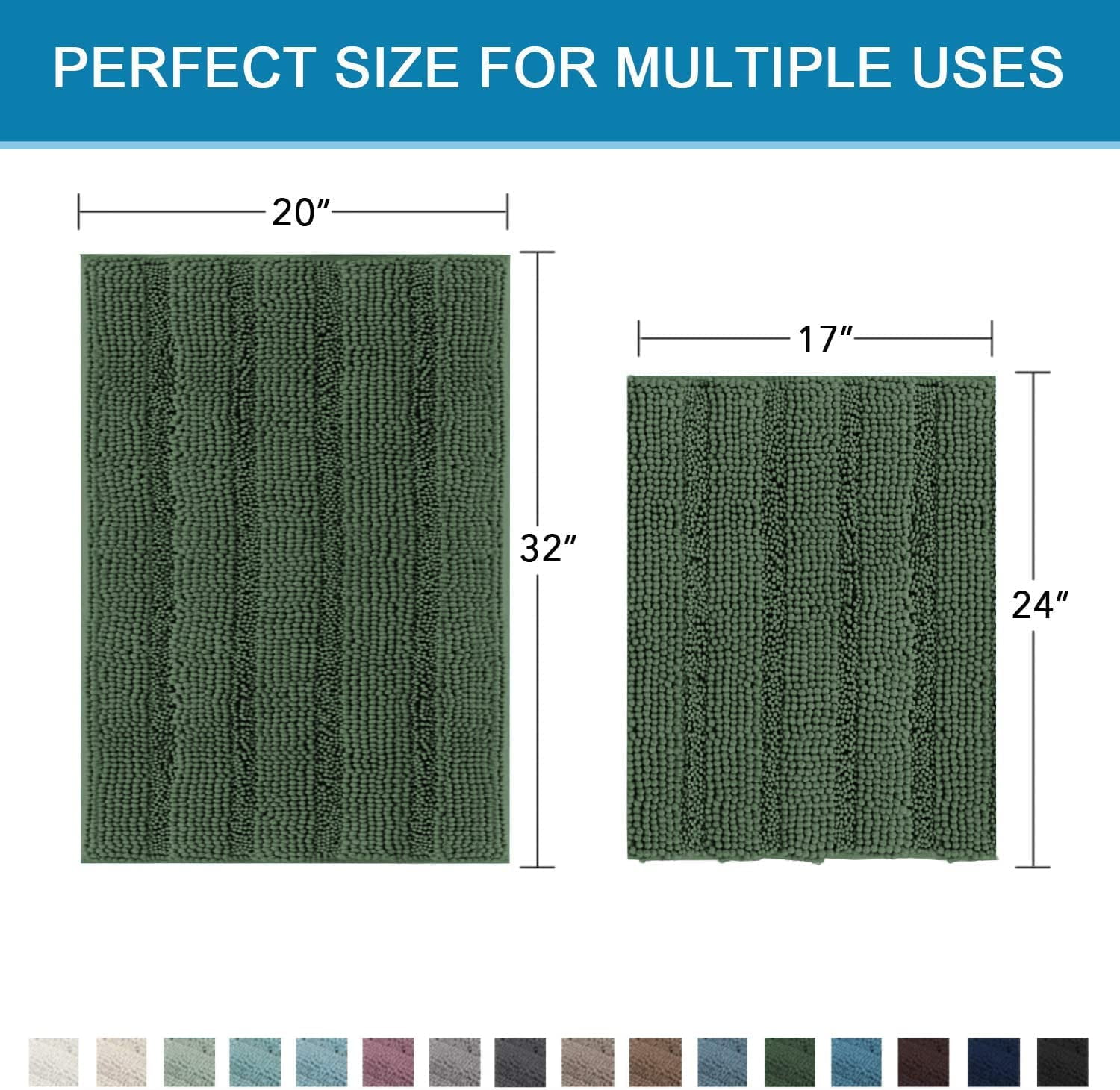 Extra Thick Chenille Striped Pattern Bath Rugs for Bathroom Non Slip - Soft Plush Shaggy Mats Floor, Indoor Entryway (Bronze Green, 32 x 20 Plus 24 17 Inches)
