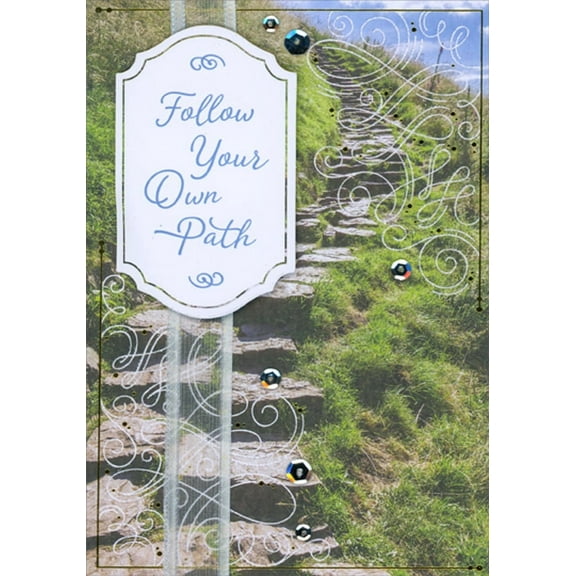 Designer Greetings Follow Your Own Path 3D Banner Over White Ribbon: Silver Sequins : Stone Steps Hand Decorated College Graduation Congratulations Card