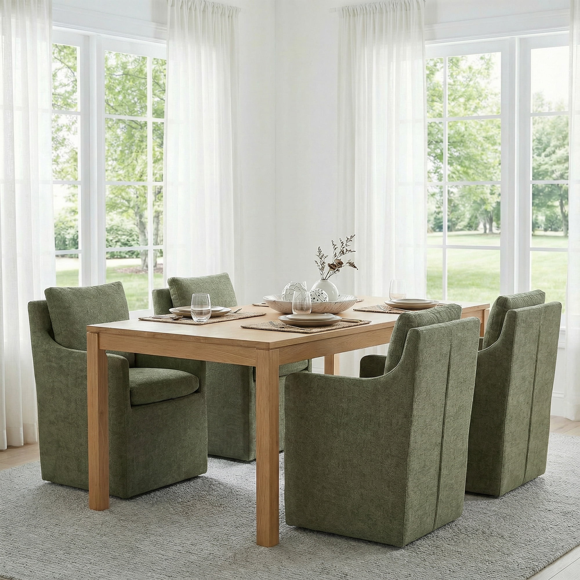 Spruce & Spring Upholstered Dining Arm Chair with Casters, Green Fabric