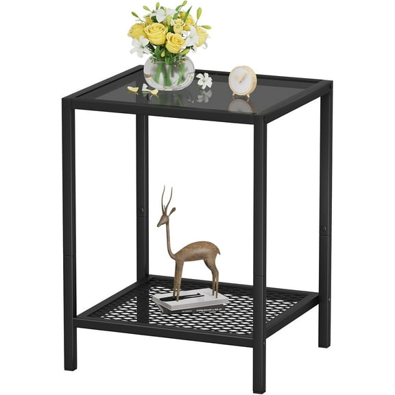 Black Side Table Small Glass End Table 2-Tier Narrow Square Bed Side Tables, 13.4"x11.8"x19.7", Sofa Small Leisure Table with Black Metal Frame for Modern Living Room Bedroom, BK Glass