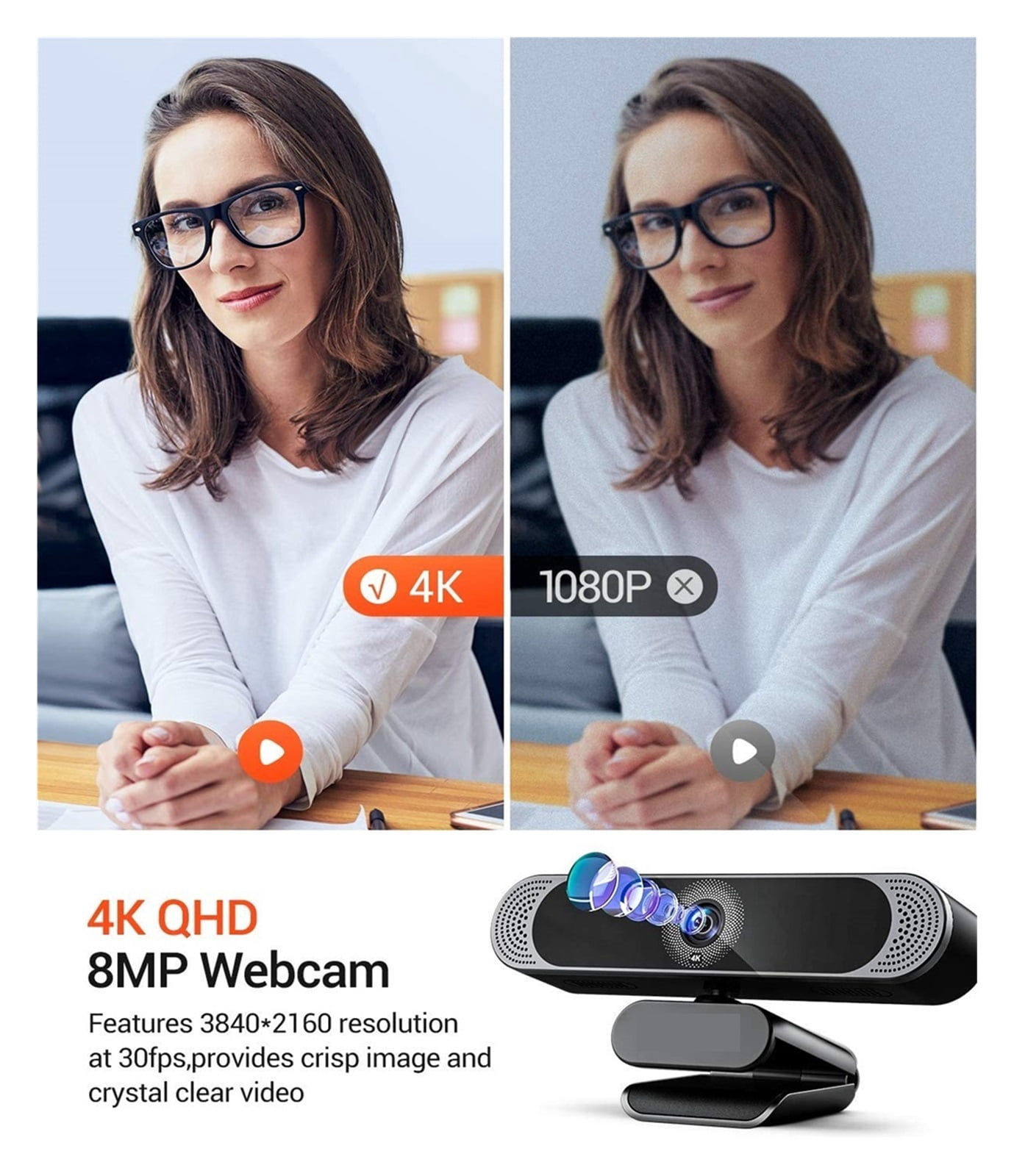 4K 8.0MP Webcam 3840x2160 30fts With Autofocus Lens/ Dual Mics/ Privacy Cover/ Tripod For For Laptop PC for Conferencing, Live Streaming, Recording ,HD Video