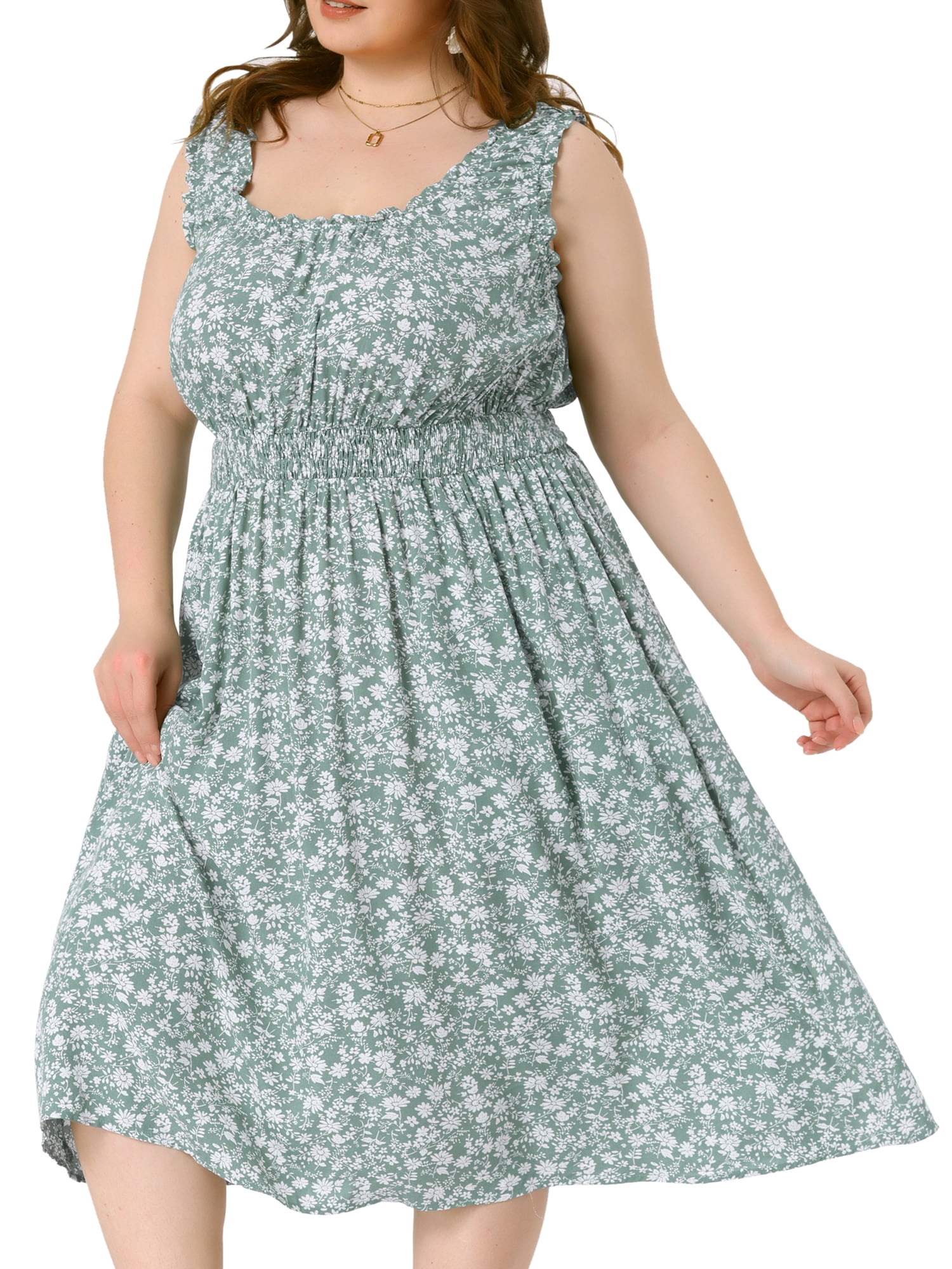 DARING DIVA Plus Size Square Neck Sleeveless Floral Flowy Midi Dress 2X Dark Green