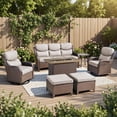 thumbnail image 3 of POCASSY 7-Piece Patio Furniture Set with Fire Pit Table, Luxury High Back Rattan Wicker Outdoor Conversation Set with 5-inch Thick Seat Cushion Sofa and Swivel Glider Patio Chair for Porch, 3 of 18